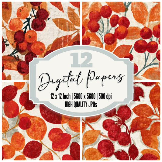 Woodcut Berries Cherry Orange Seamless Digital Paper Pack (DDD013684)