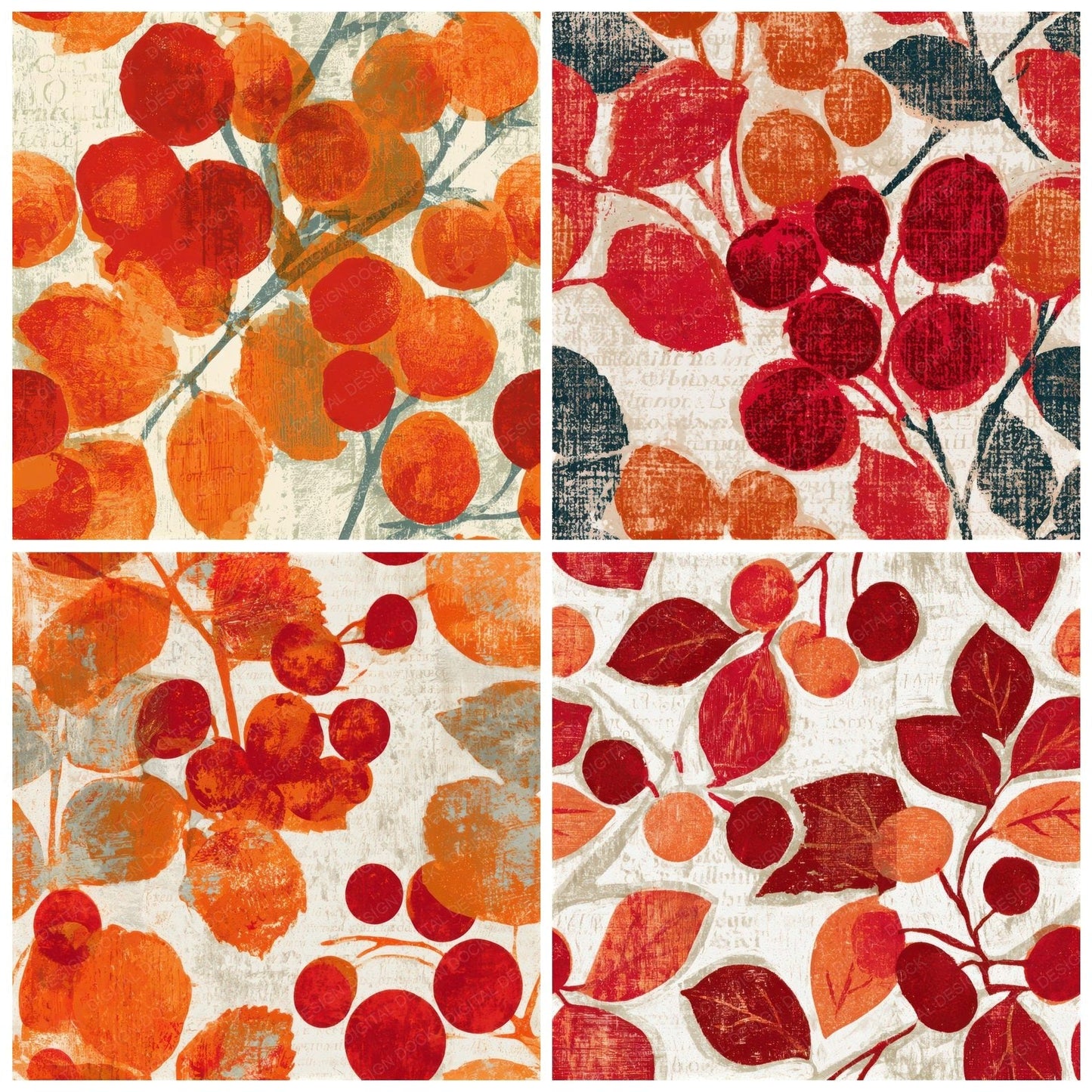 Woodcut Berries Cherry Orange Seamless Digital Paper Pack (DDD013684)