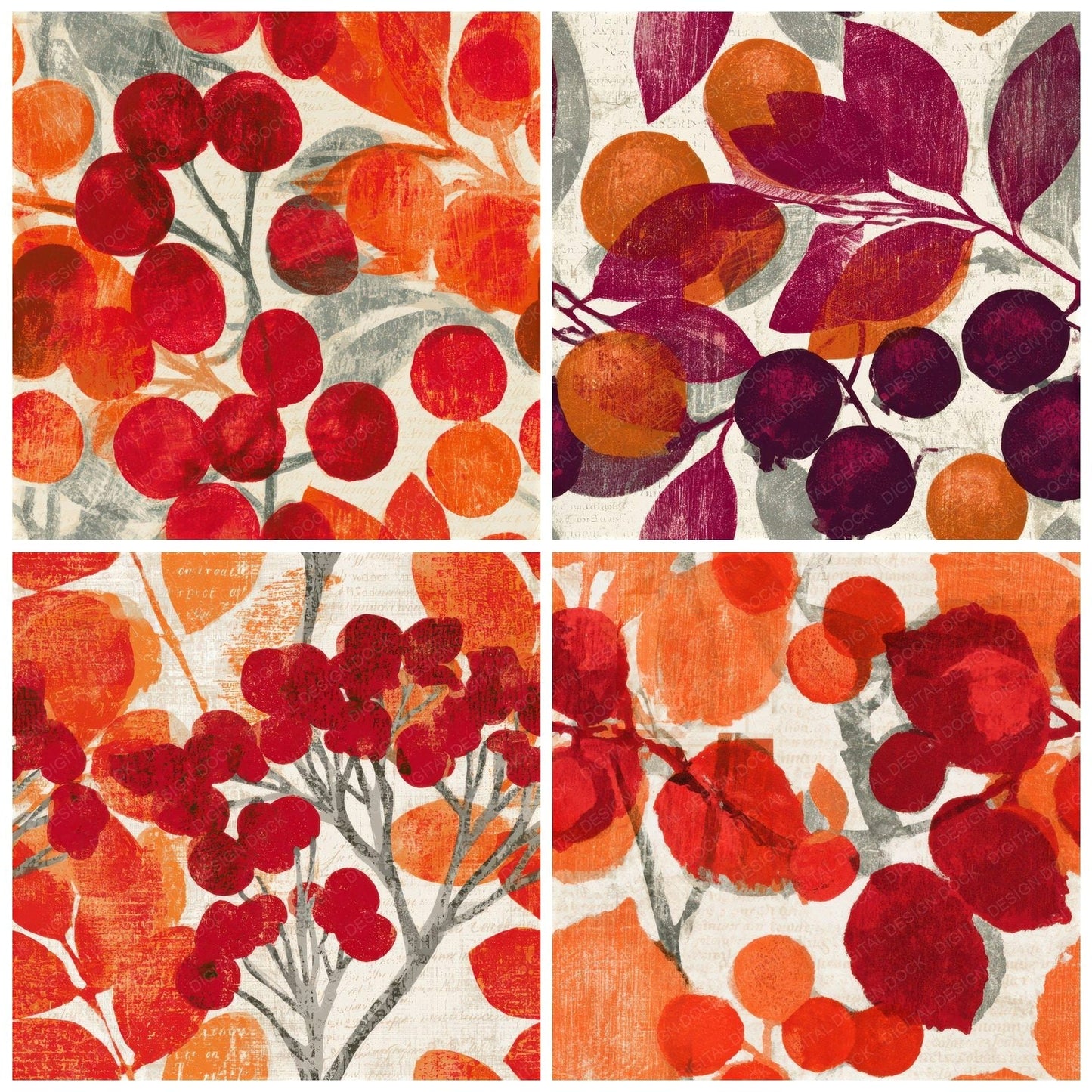 Woodcut Berries Cherry Orange Seamless Digital Paper Pack (DDD013684)