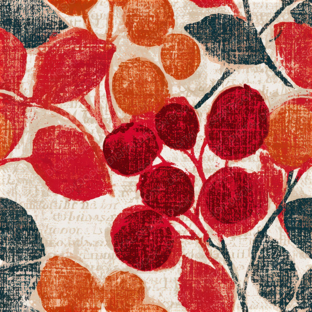 Woodcut Berries Cherry Orange Seamless Digital Paper Pack (DDD013684)