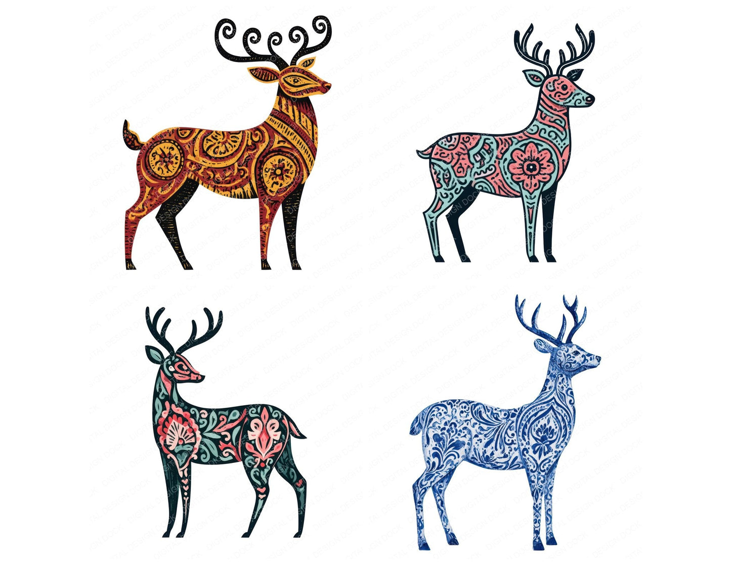 Folk Art Deer Clipart Set (DDD013686)