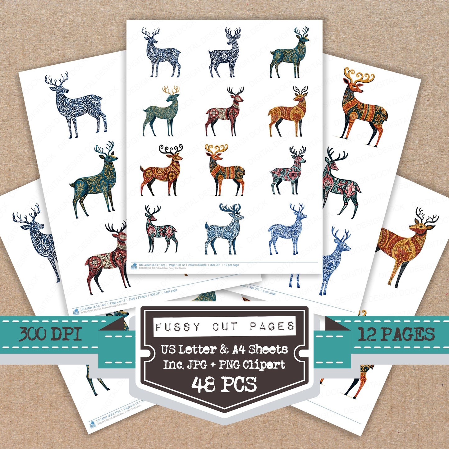 Folk Art Deer Fussy Cut Sheets (DDD013706)