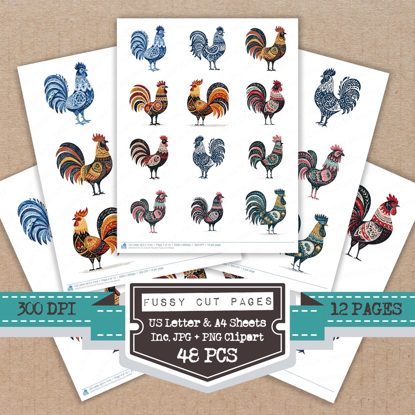 Folk Art Rooster Fussy Cut Sheets (DDD013710)