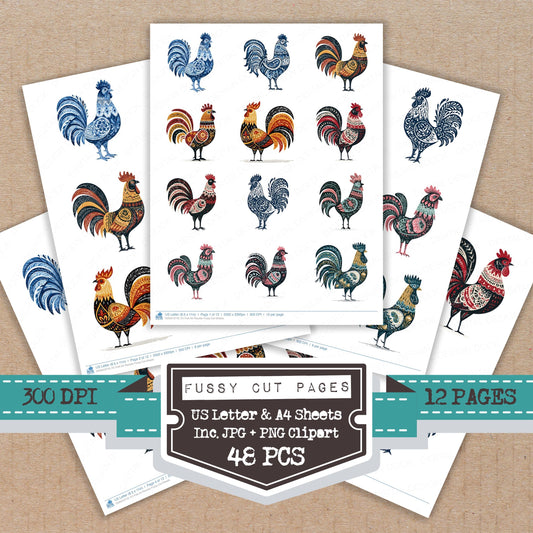 Folk Art Rooster Fussy Cut Sheets (DDD013710)