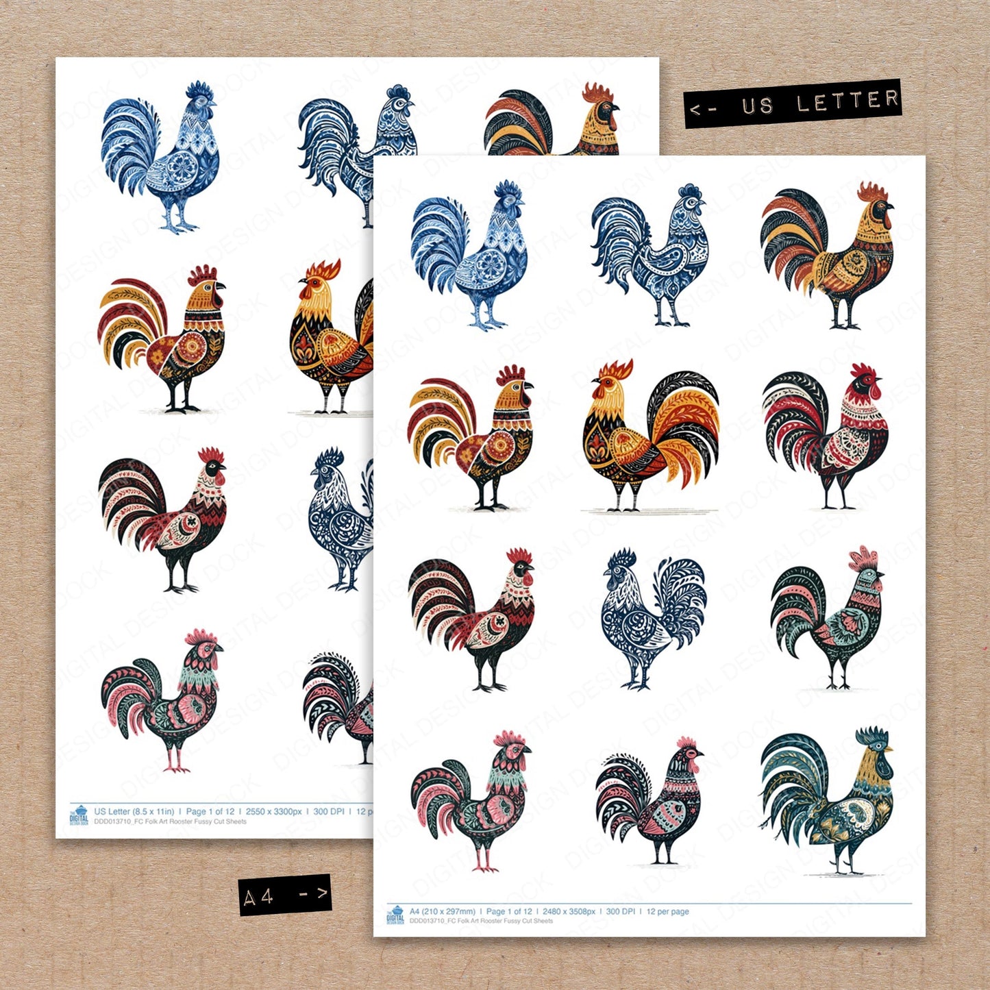 Folk Art Rooster Fussy Cut Sheets (DDD013710)