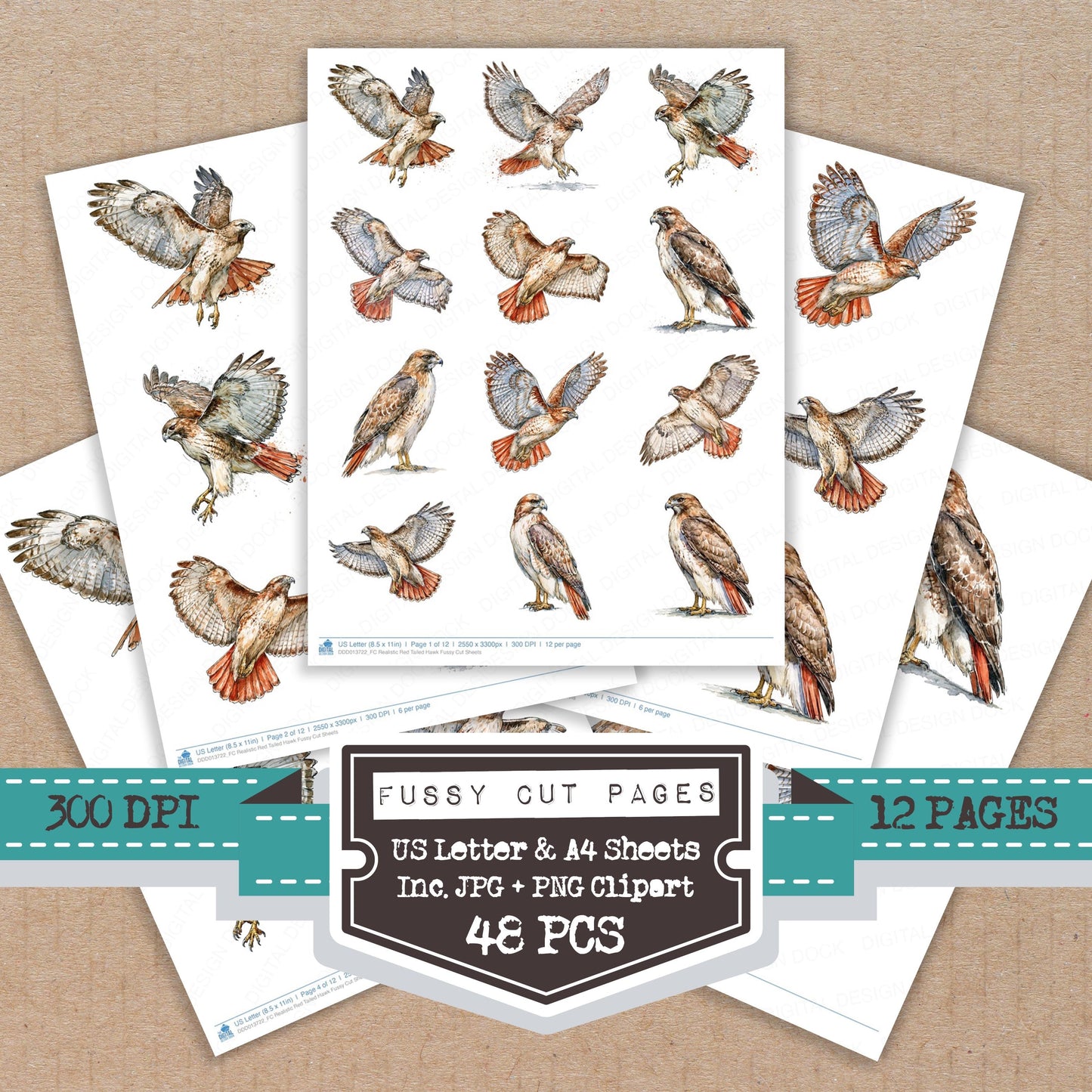 Realistic Red Tailed Hawk Fussy Cut Sheets (DDD013722)