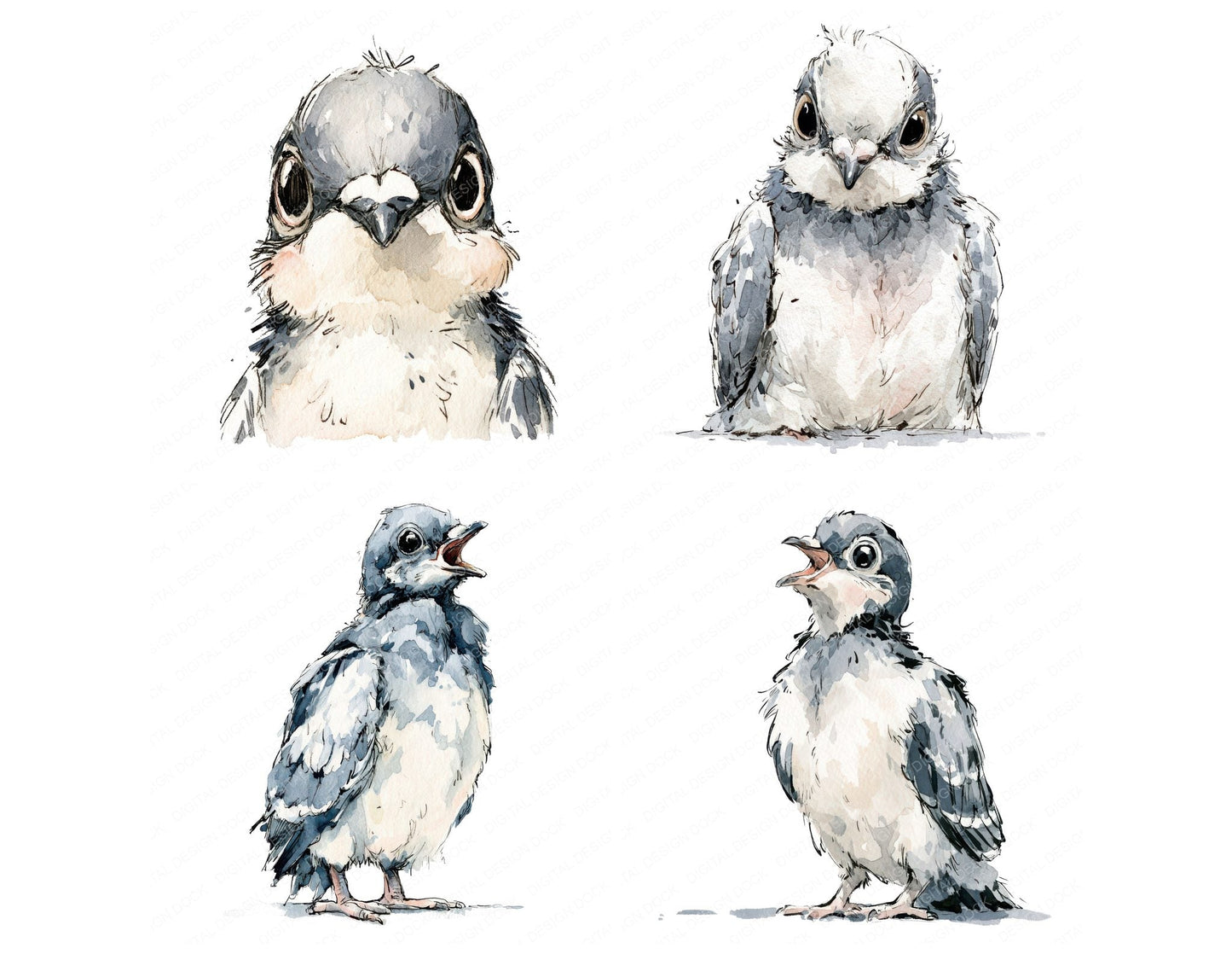 Realistic Baby Pigeon Squab Clipart Set (DDD013733)