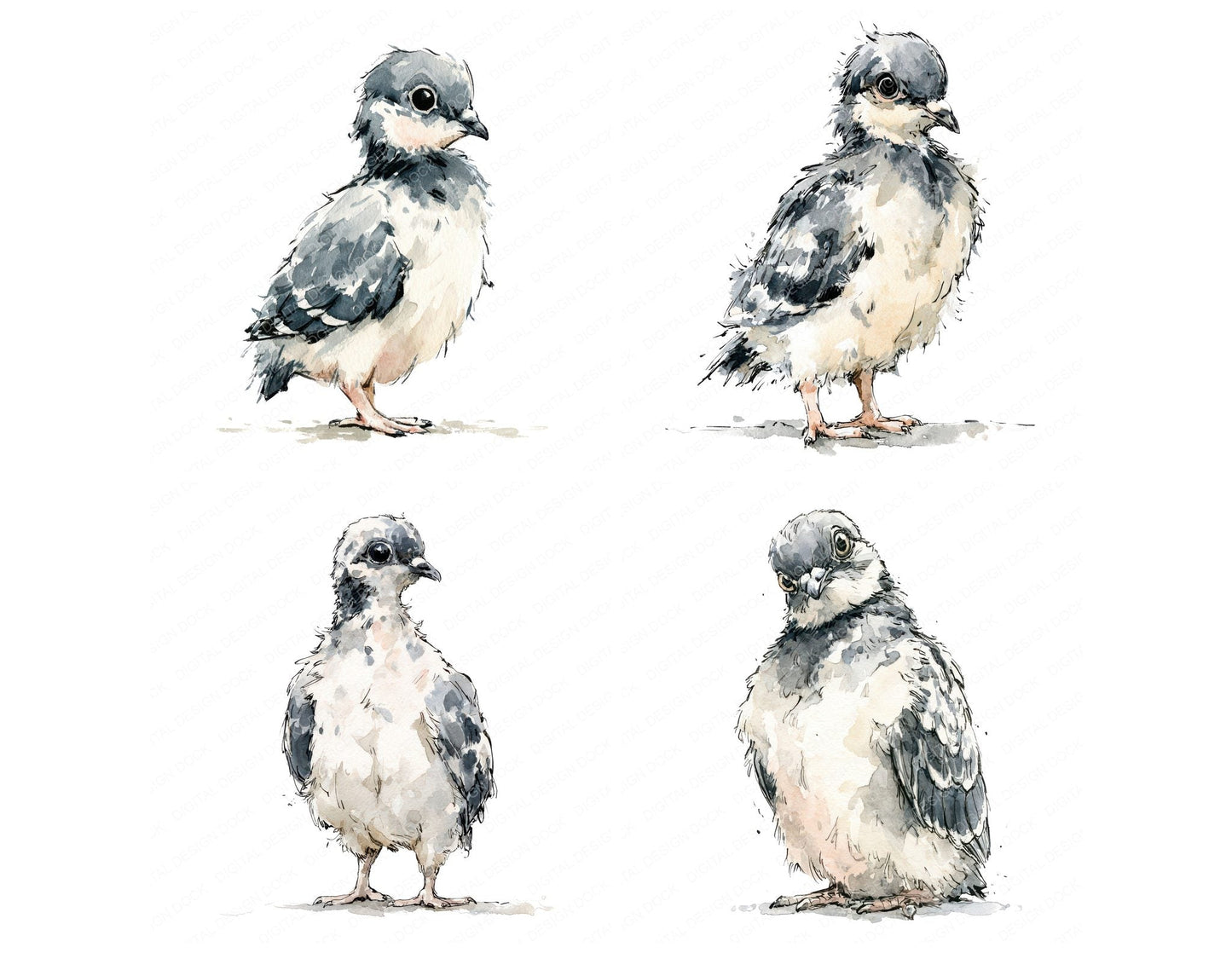 Realistic Baby Pigeon Squab Clipart Set (DDD013733)