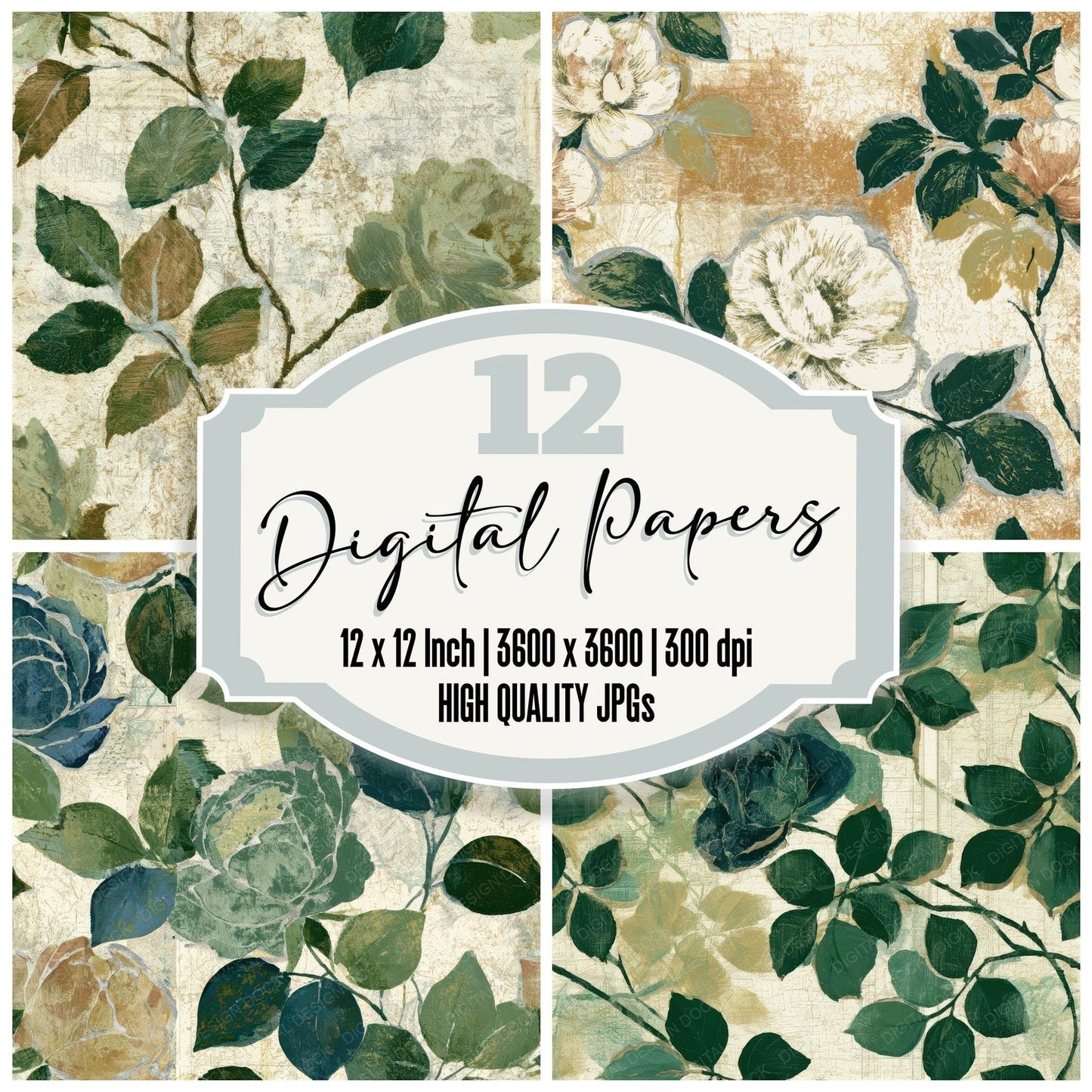 Etching Climbing Roses Pine Cream Seamless Digital Paper Pack (DDD013769)