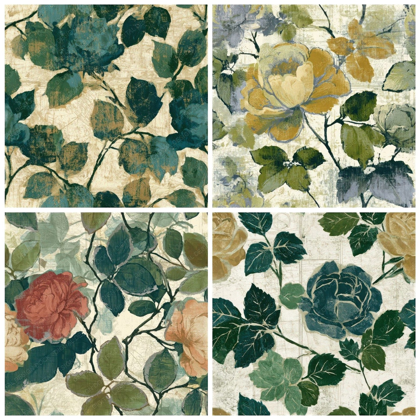 Etching Climbing Roses Pine Cream Seamless Digital Paper Pack (DDD013769)