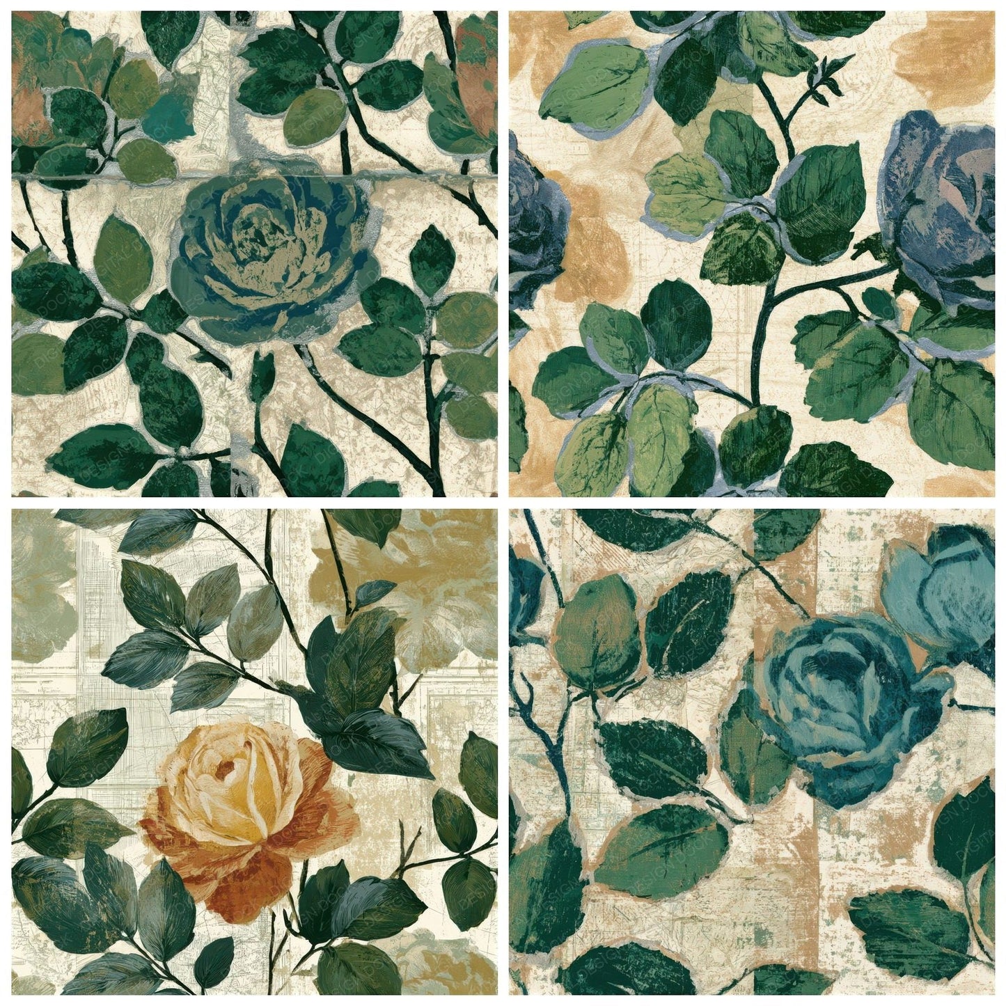 Etching Climbing Roses Pine Cream Seamless Digital Paper Pack (DDD013769)