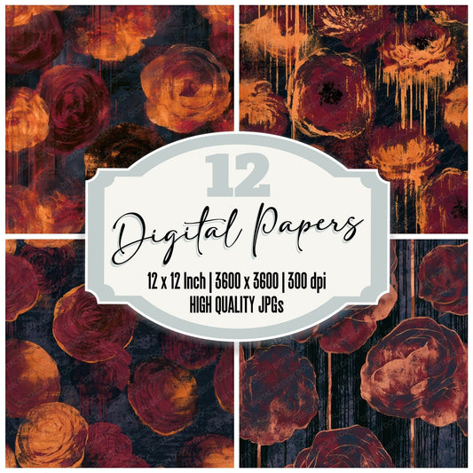 Graffiti Ranunculus Oxblood Copper Seamless Digital Paper Pack (DDD013770)