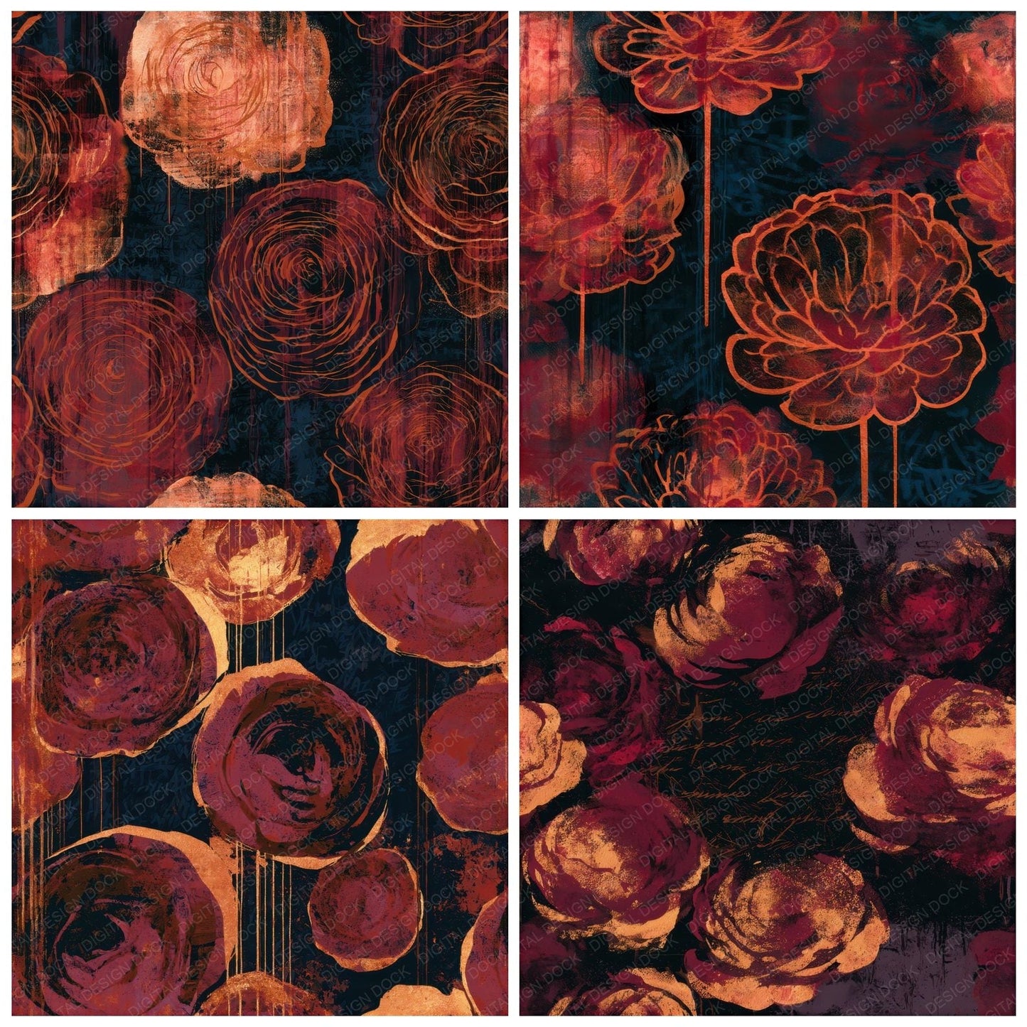 Graffiti Ranunculus Oxblood Copper Seamless Digital Paper Pack (DDD013770)