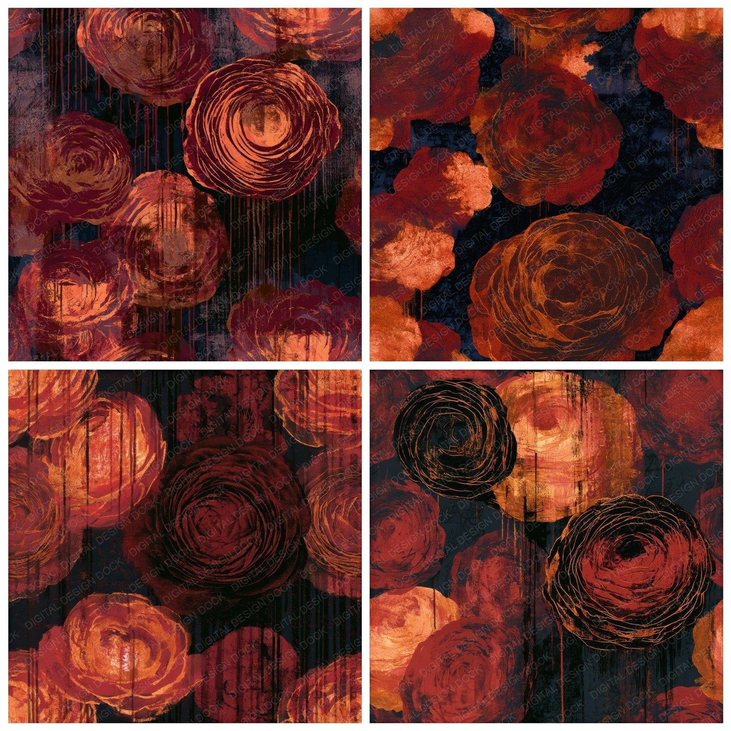 Graffiti Ranunculus Oxblood Copper Seamless Digital Paper Pack (DDD013770)