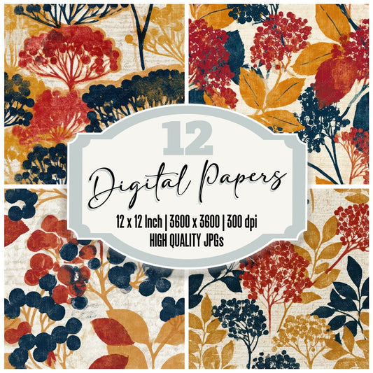 Indian Block Print Elderberries Mustard Navy Seamless Digital Paper Pack (DDD013771)