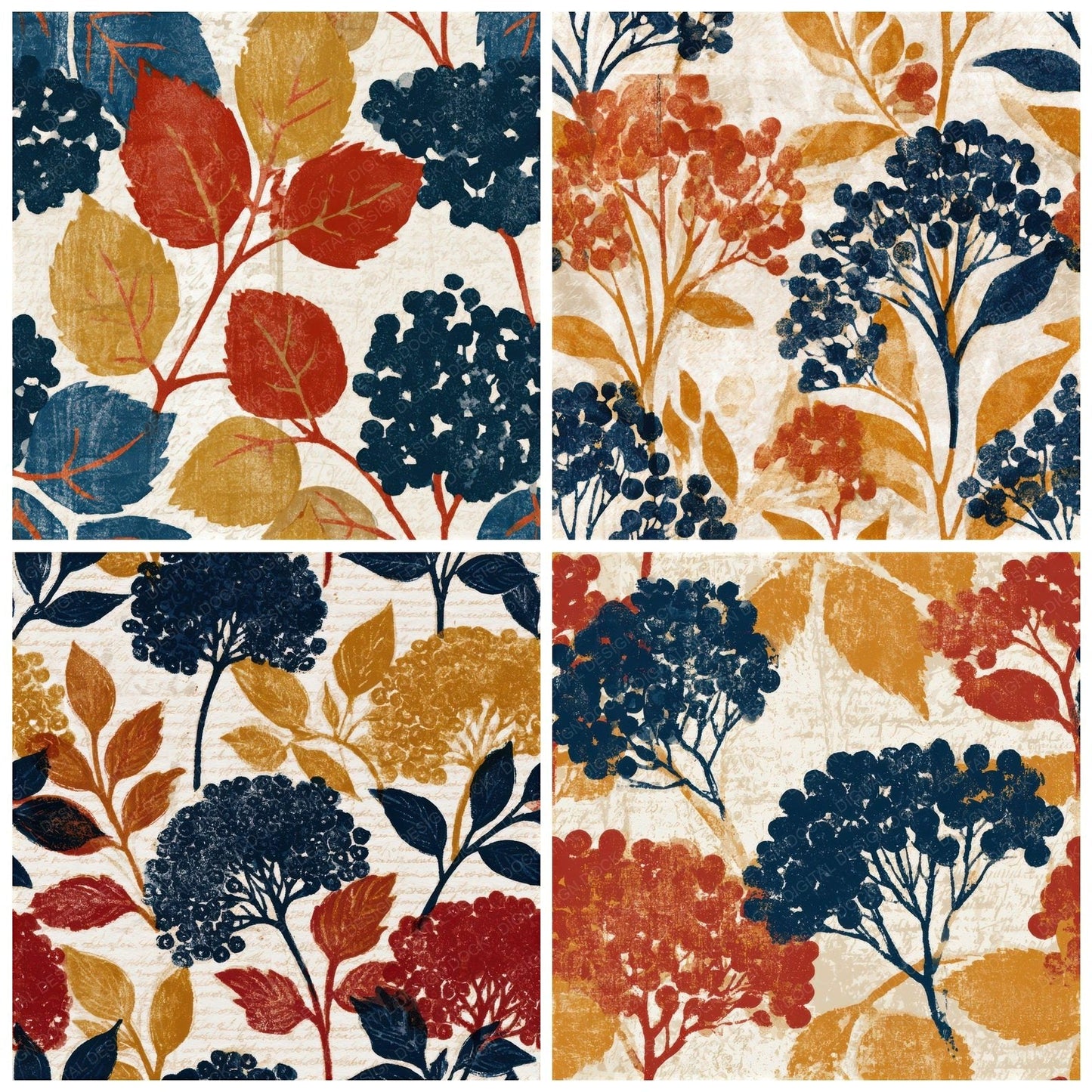 Indian Block Print Elderberries Mustard Navy Seamless Digital Paper Pack (DDD013771)