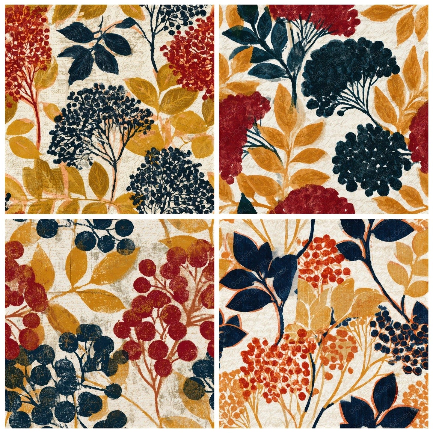 Indian Block Print Elderberries Mustard Navy Seamless Digital Paper Pack (DDD013771)
