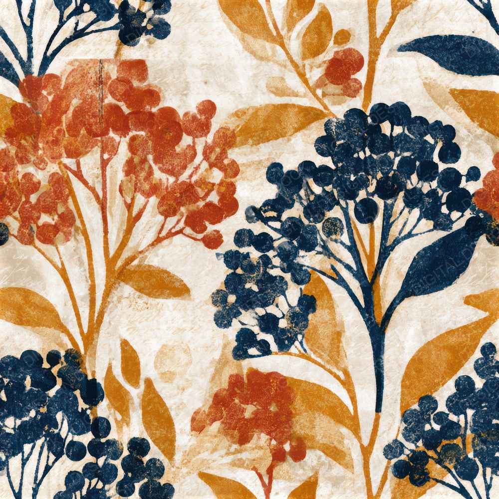 Indian Block Print Elderberries Mustard Navy Seamless Digital Paper Pack (DDD013771)