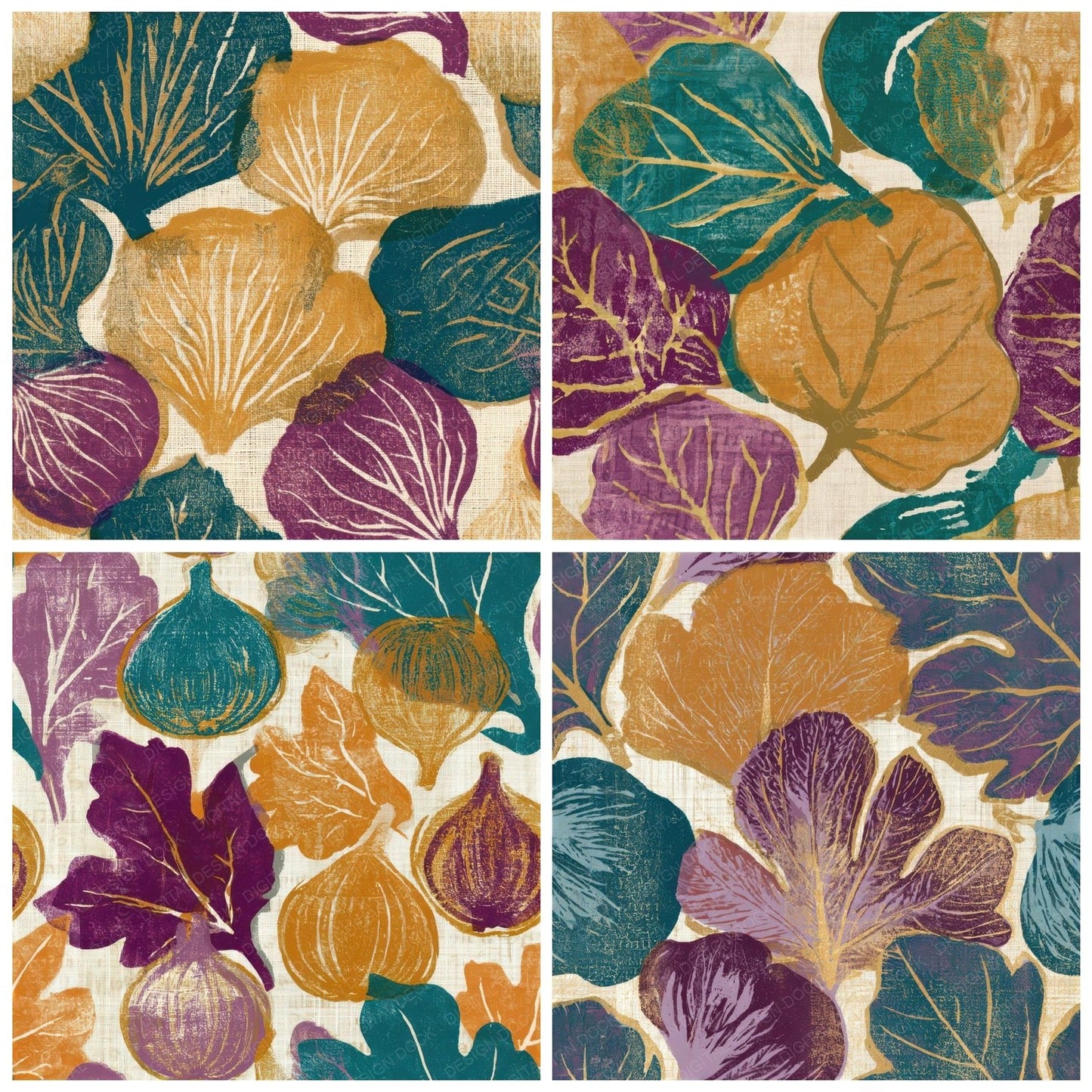 Indian Block Print Figs Ochre Plum Seamless Digital Paper Pack (DDD013772)
