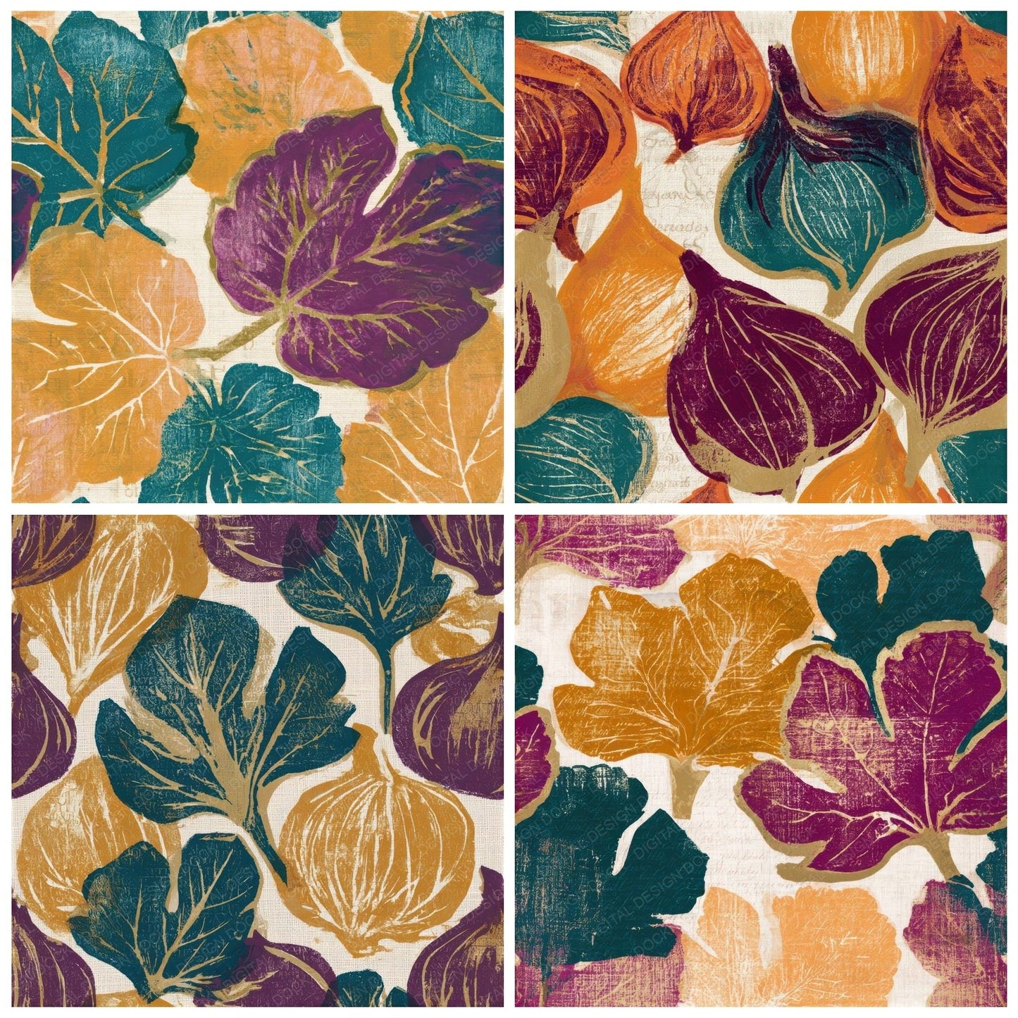 Indian Block Print Figs Ochre Plum Seamless Digital Paper Pack (DDD013772)