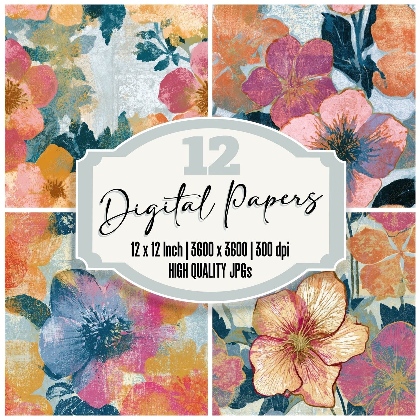 Indian Block Print Hellebores Apricot Rose Seamless Digital Paper Pack (DDD013773)