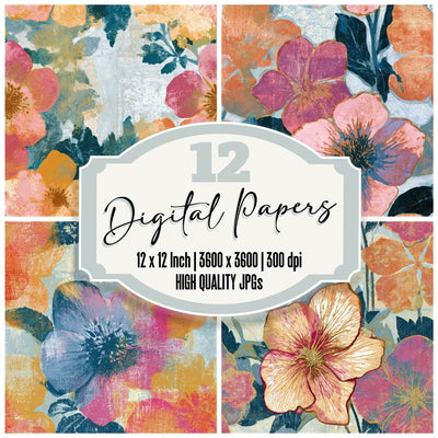 Indian Block Print Hellebores Apricot Rose Seamless Digital Paper Pack (DDD013773)
