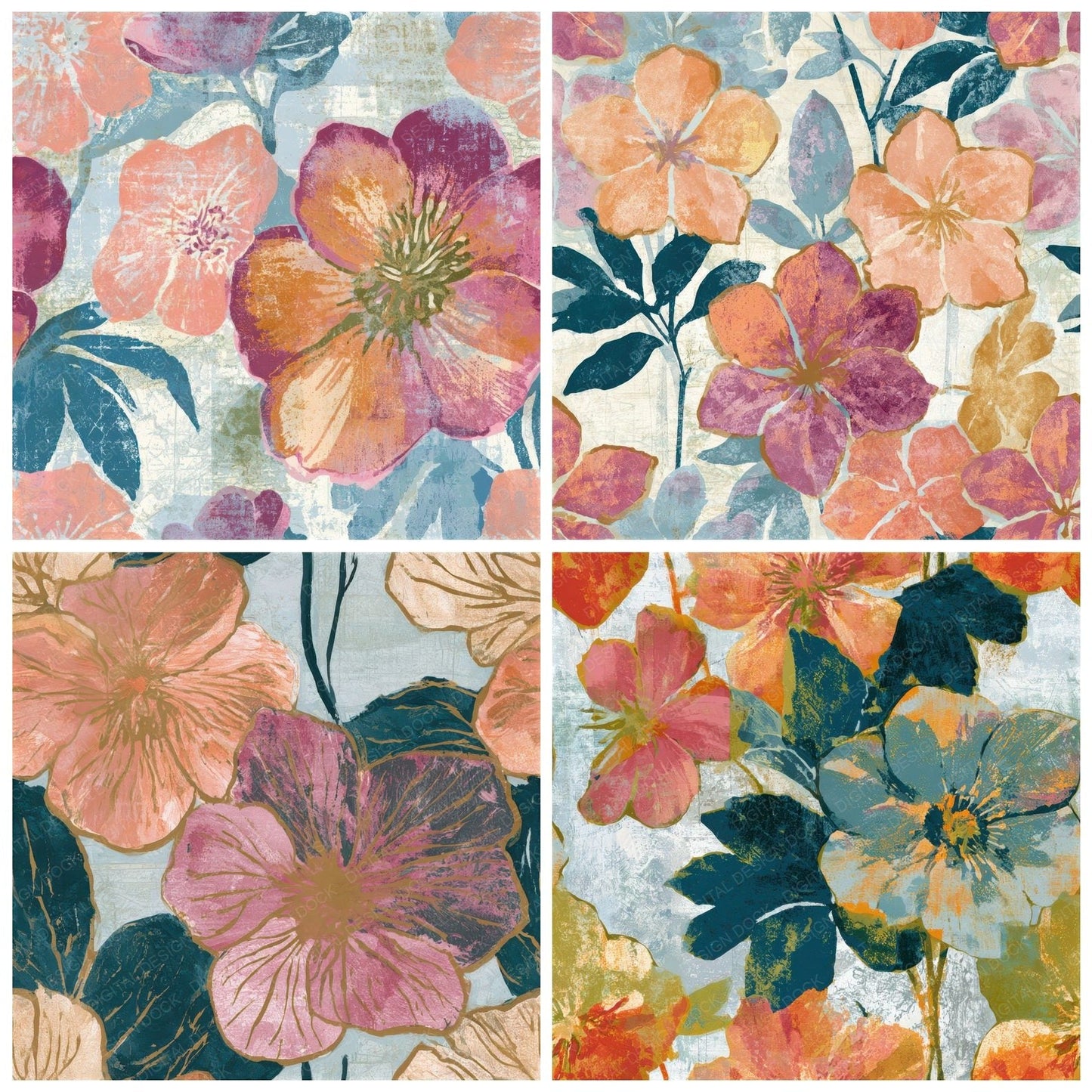 Indian Block Print Hellebores Apricot Rose Seamless Digital Paper Pack (DDD013773)