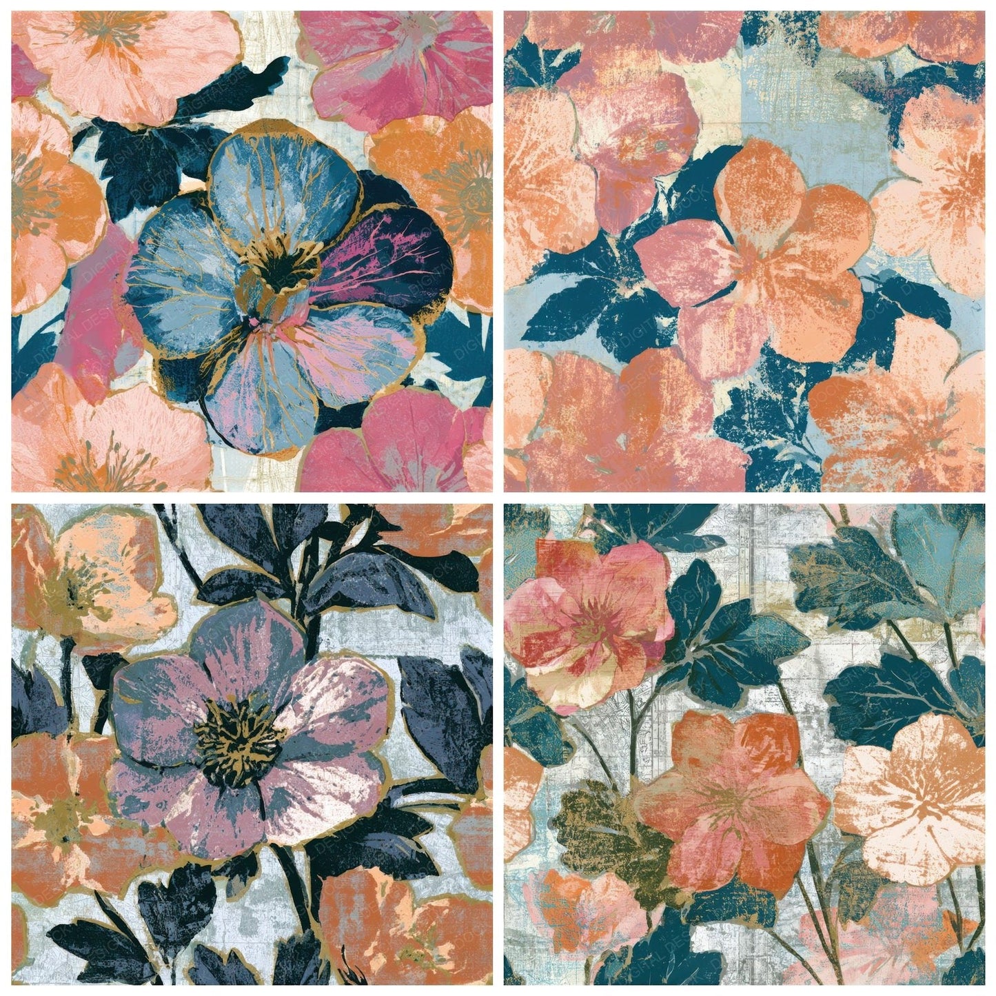 Indian Block Print Hellebores Apricot Rose Seamless Digital Paper Pack (DDD013773)