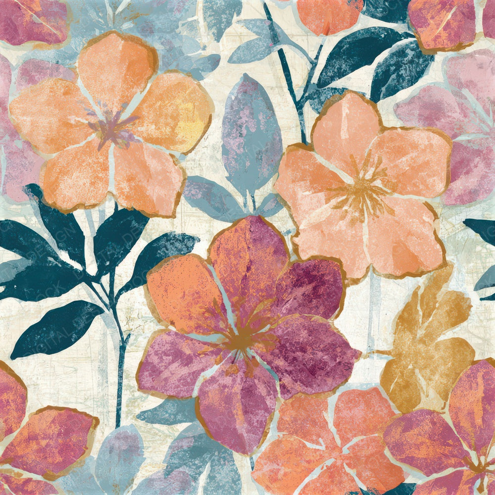 Indian Block Print Hellebores Apricot Rose Seamless Digital Paper Pack (DDD013773)