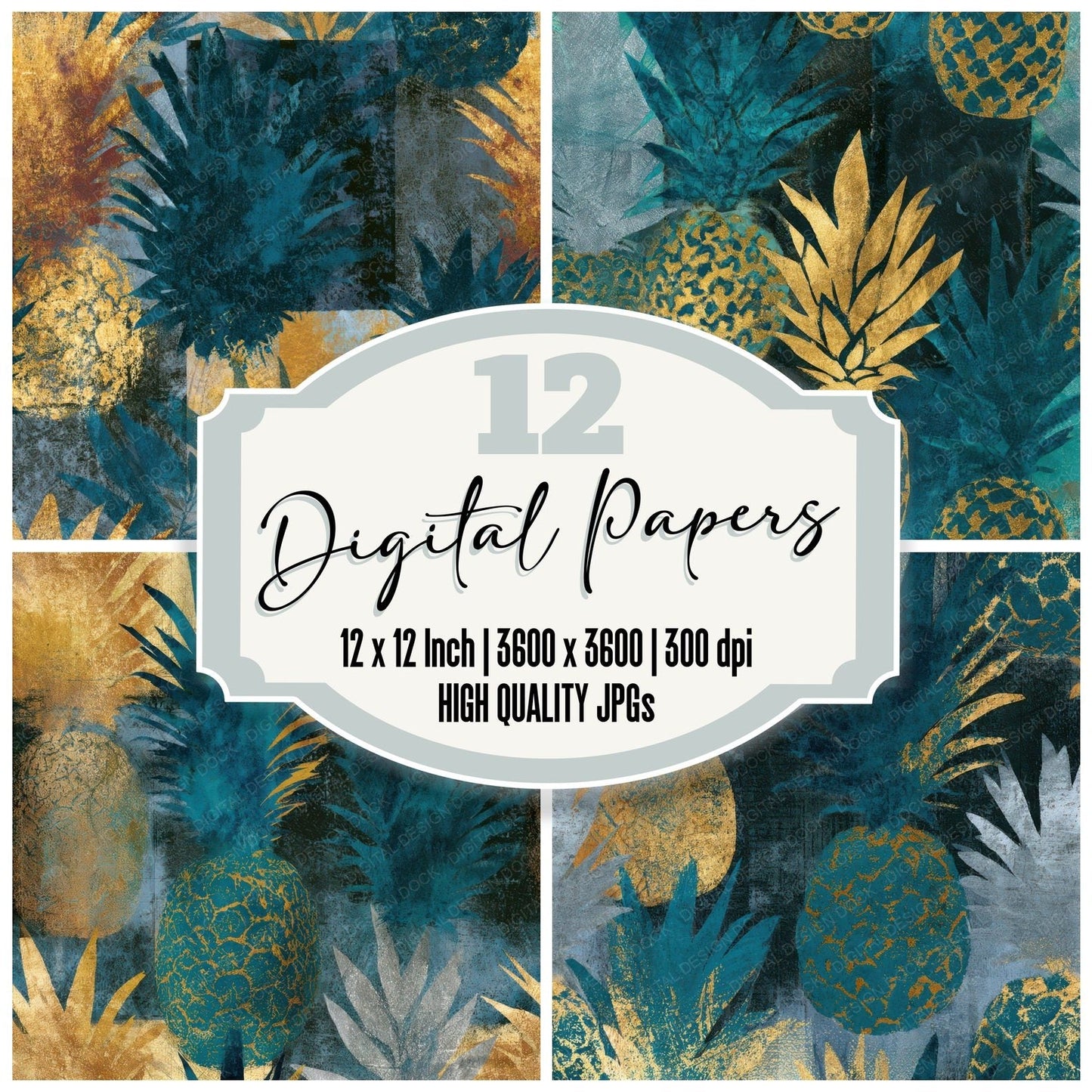 Photogram Pineapple Teal Brass Seamless Digital Paper Pack (DDD013779)