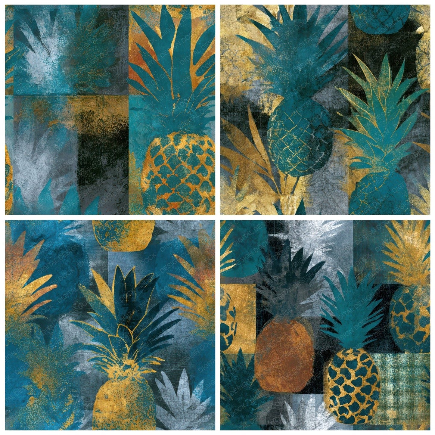 Photogram Pineapple Teal Brass Seamless Digital Paper Pack (DDD013779)