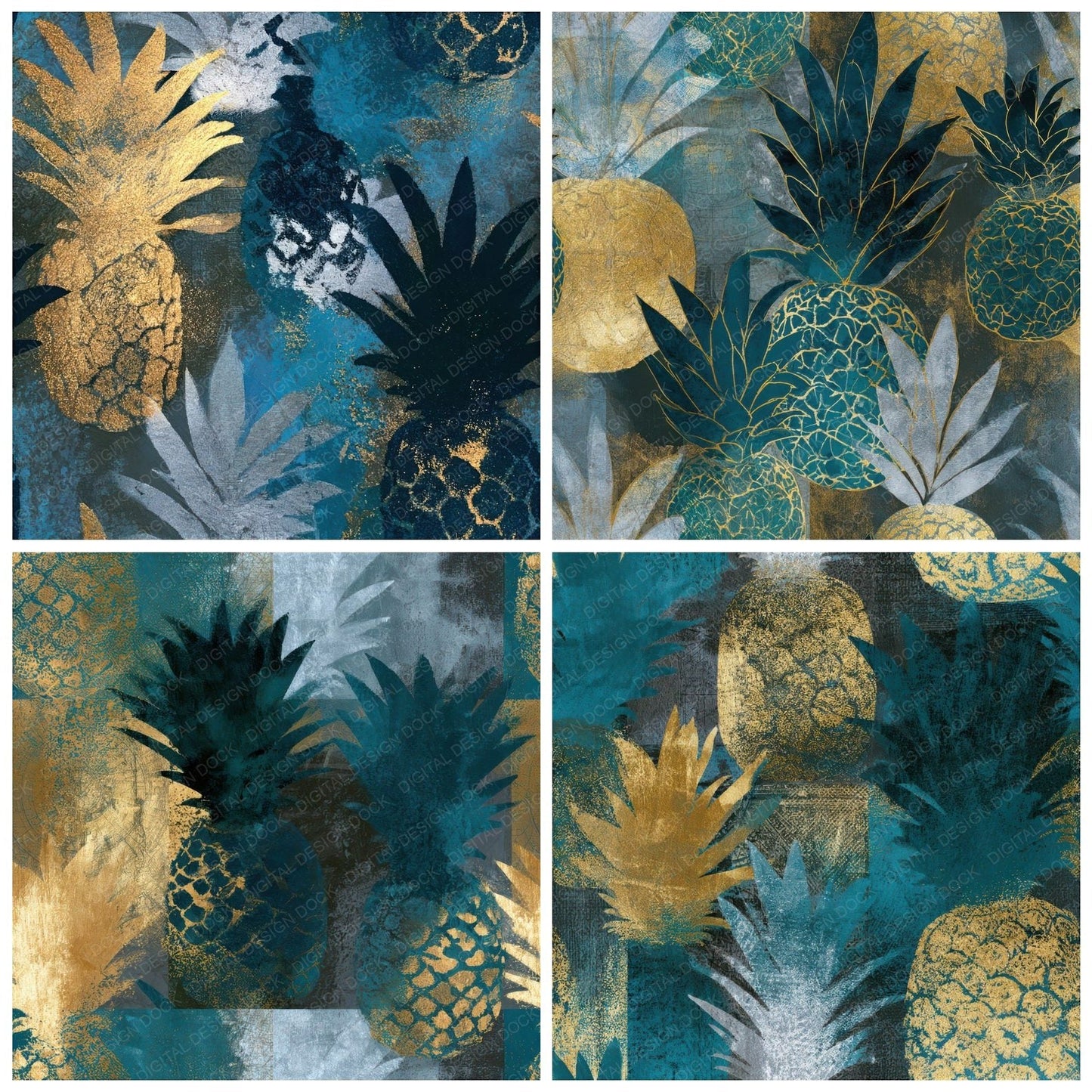 Photogram Pineapple Teal Brass Seamless Digital Paper Pack (DDD013779)