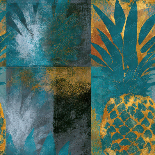 Photogram Pineapple Teal Brass Seamless Digital Paper Pack (DDD013779)