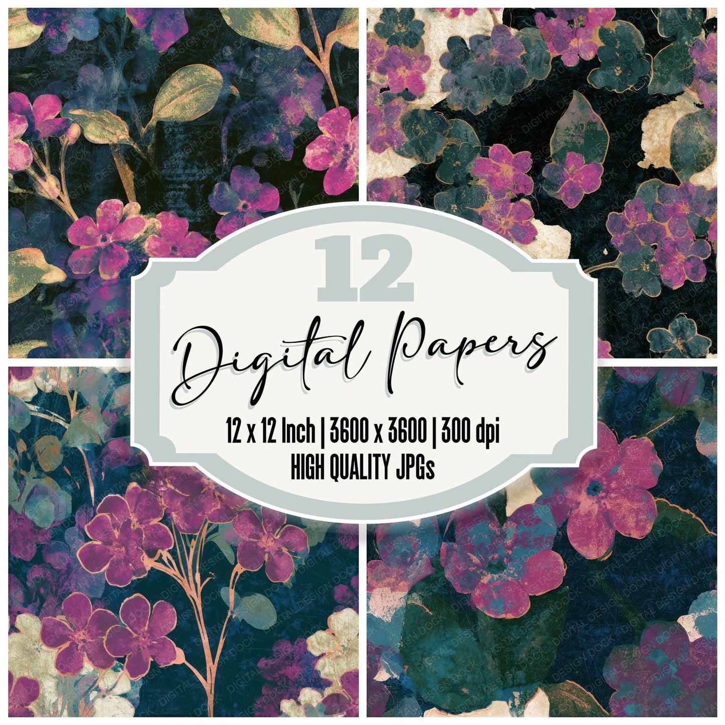 Scratchboard Forget Me Nots Magenta Seamless Digital Paper Pack (DDD013780)