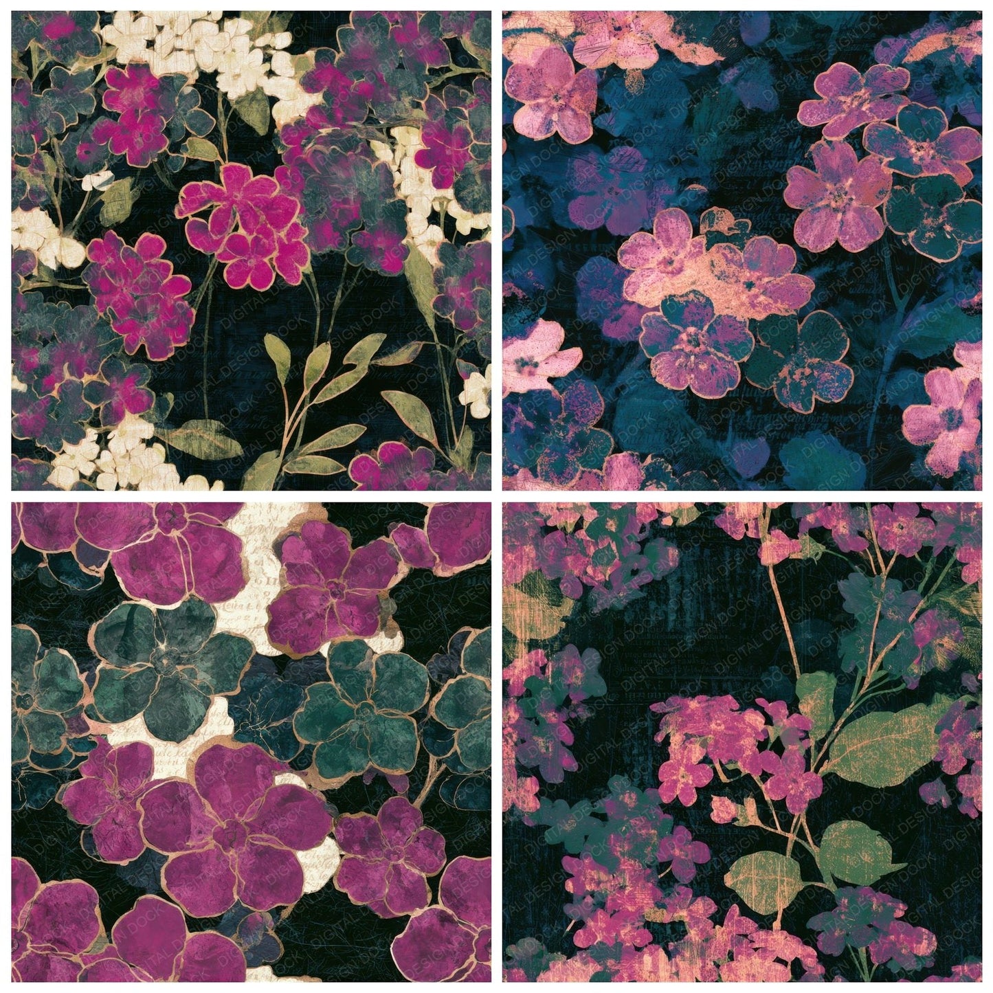 Scratchboard Forget Me Nots Magenta Seamless Digital Paper Pack (DDD013780)