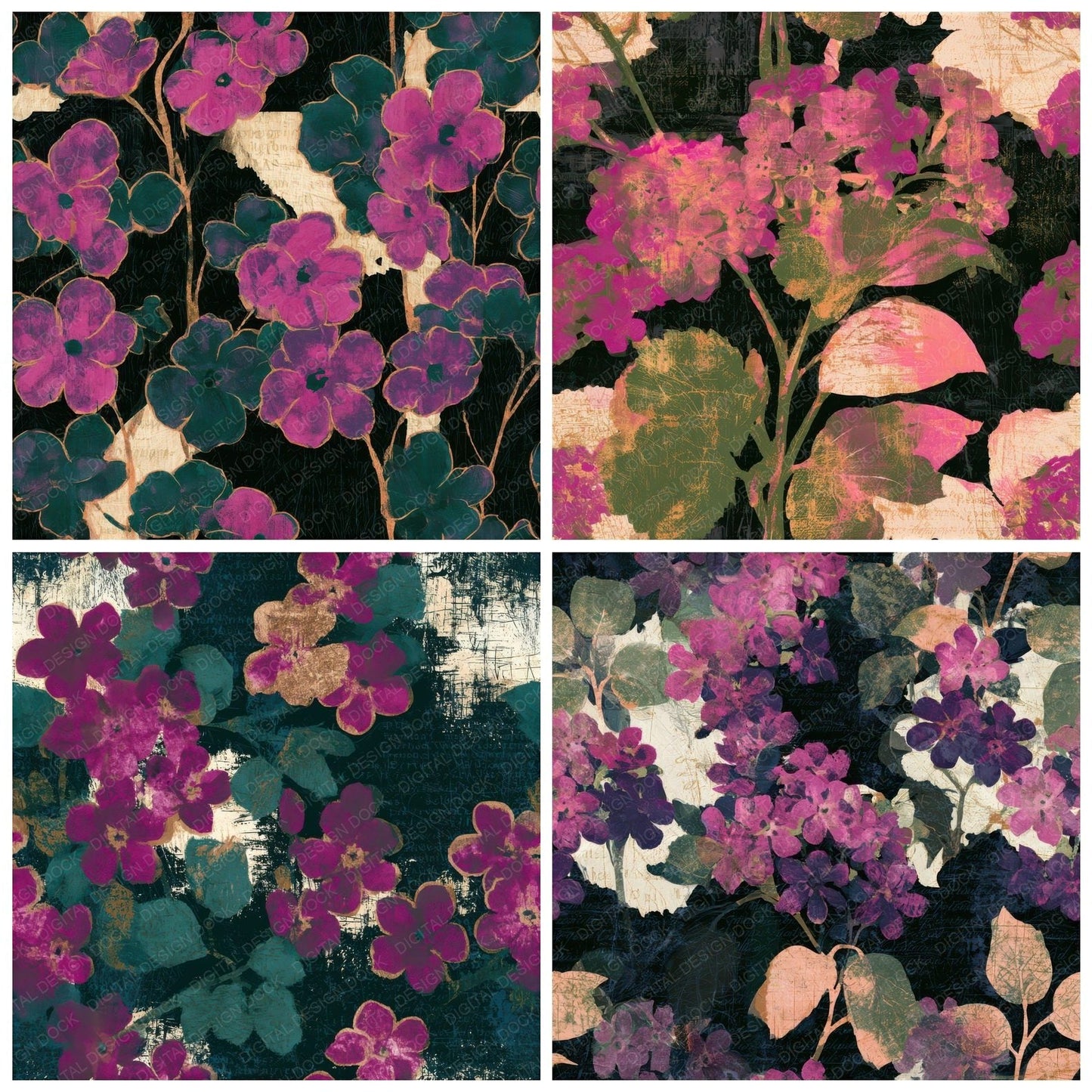 Scratchboard Forget Me Nots Magenta Seamless Digital Paper Pack (DDD013780)