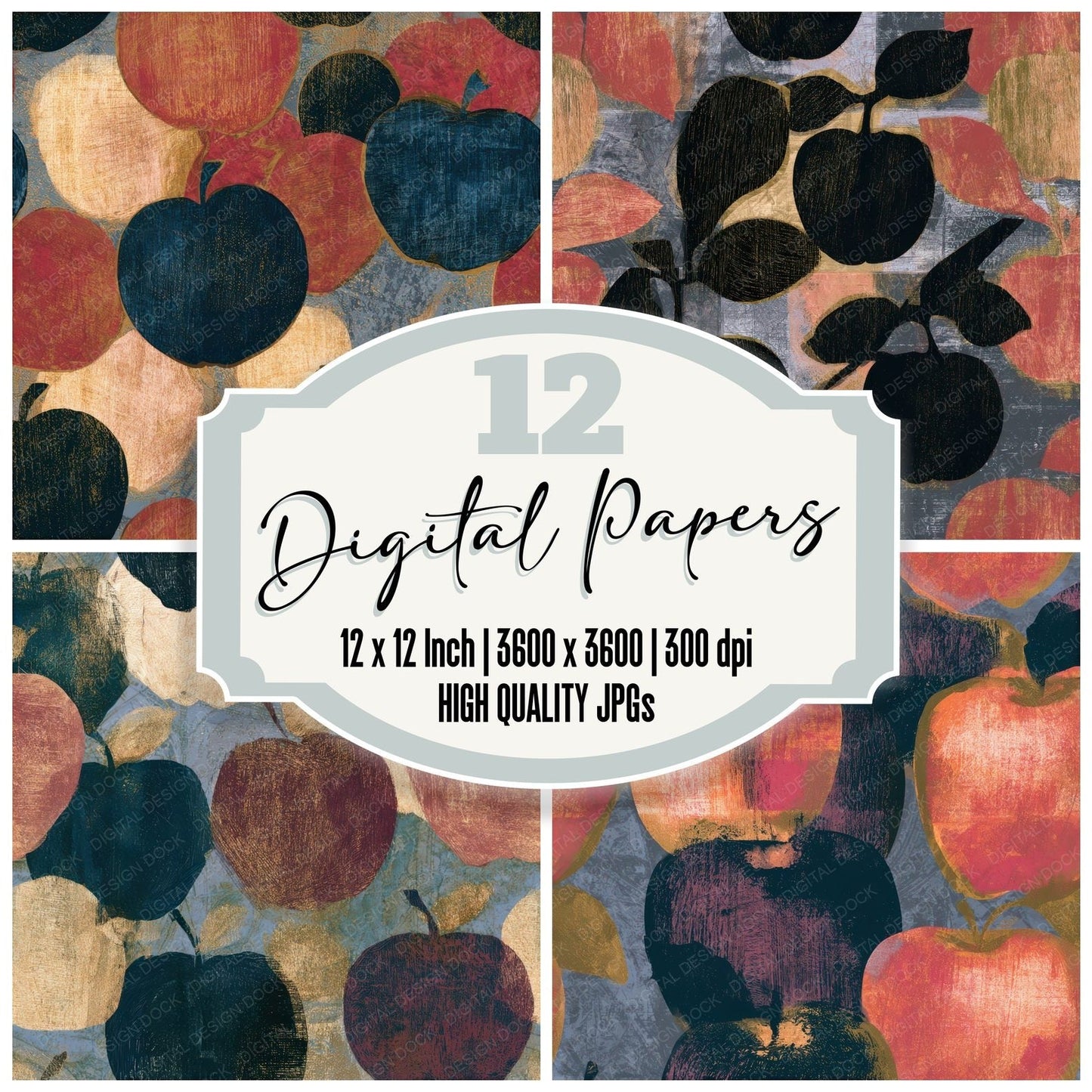 Woodcut Apples Dried Rose Seamless Digital Paper Pack (DDD013784)