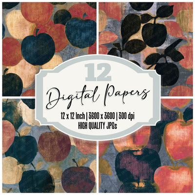 Woodcut Apples Dried Rose Seamless Digital Paper Pack (DDD013784)