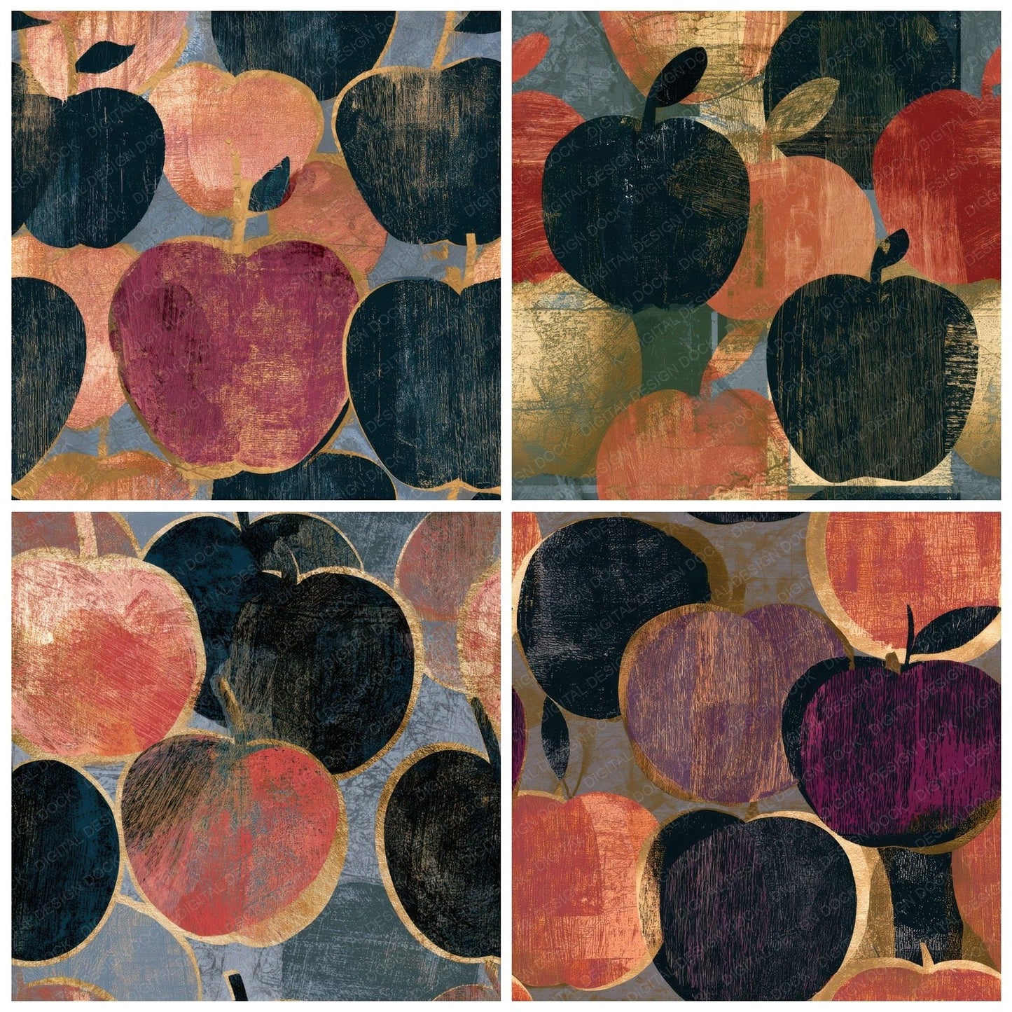Woodcut Apples Dried Rose Seamless Digital Paper Pack (DDD013784)