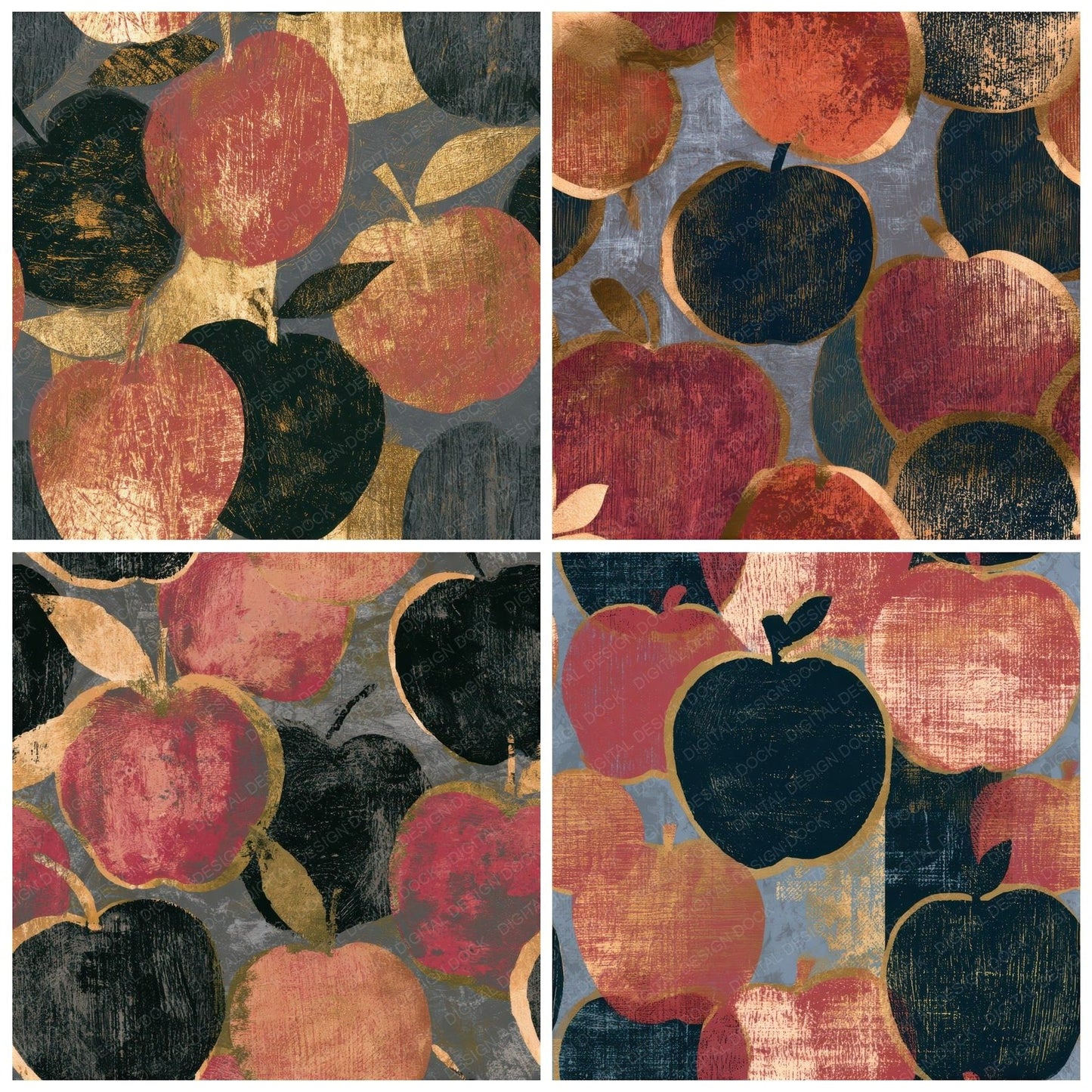 Woodcut Apples Dried Rose Seamless Digital Paper Pack (DDD013784)