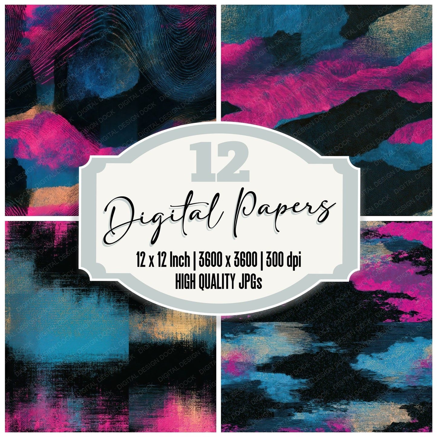 Engraving Electric Pink Cyan Abstract Seamless Digital Paper Pack (DDD013791)