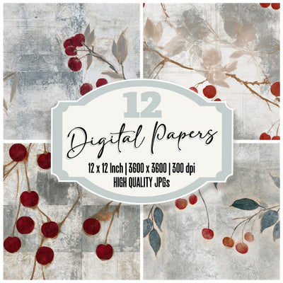Minimal Cherry Stem Silver Seamless Digital Paper Pack (DDD013799)