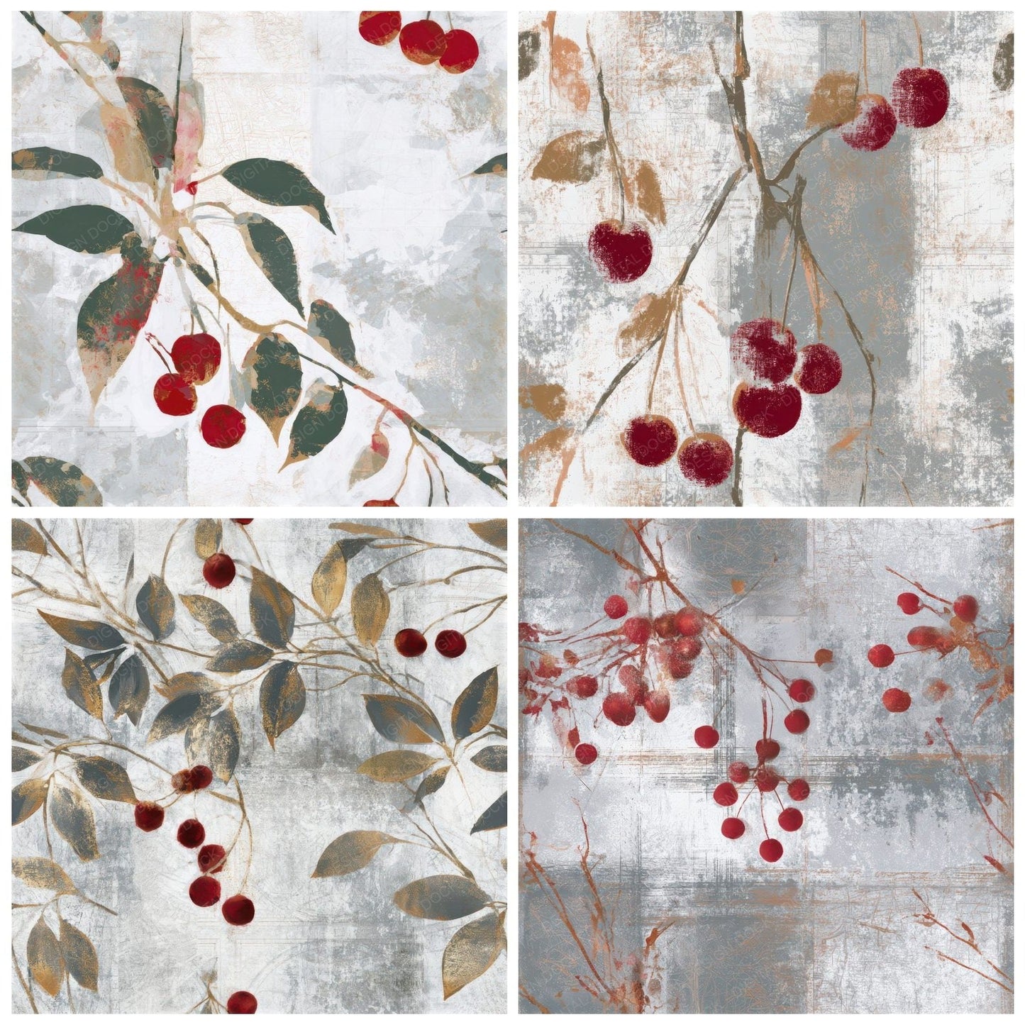 Minimal Cherry Stem Silver Seamless Digital Paper Pack (DDD013799)