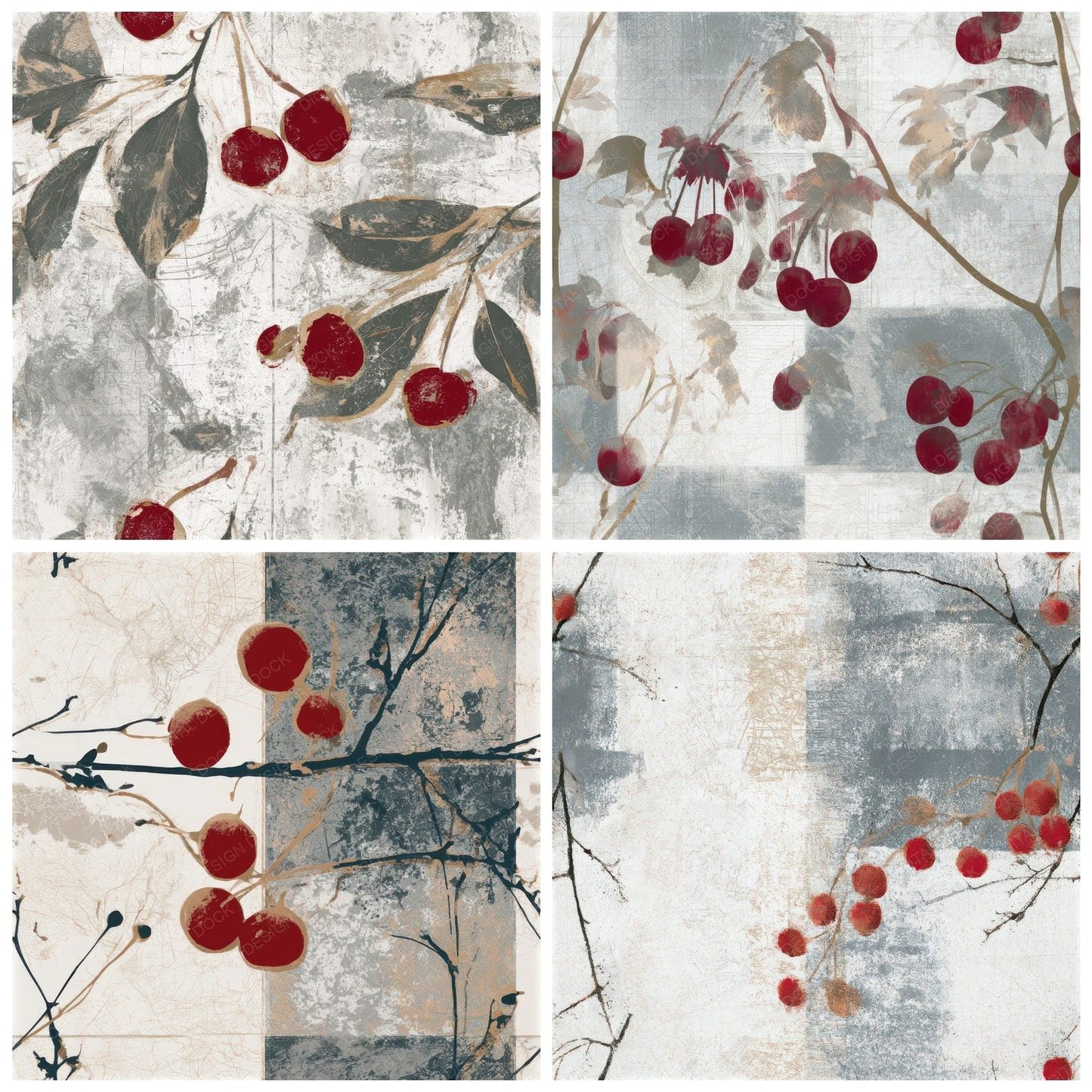 Minimal Cherry Stem Silver Seamless Digital Paper Pack (DDD013799)