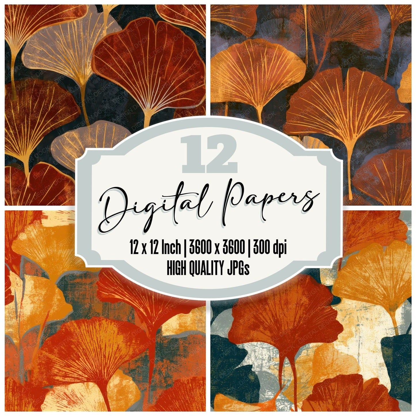 Screenprint Gingko Rust Gold Seamless Digital Paper Pack (DDD013801)