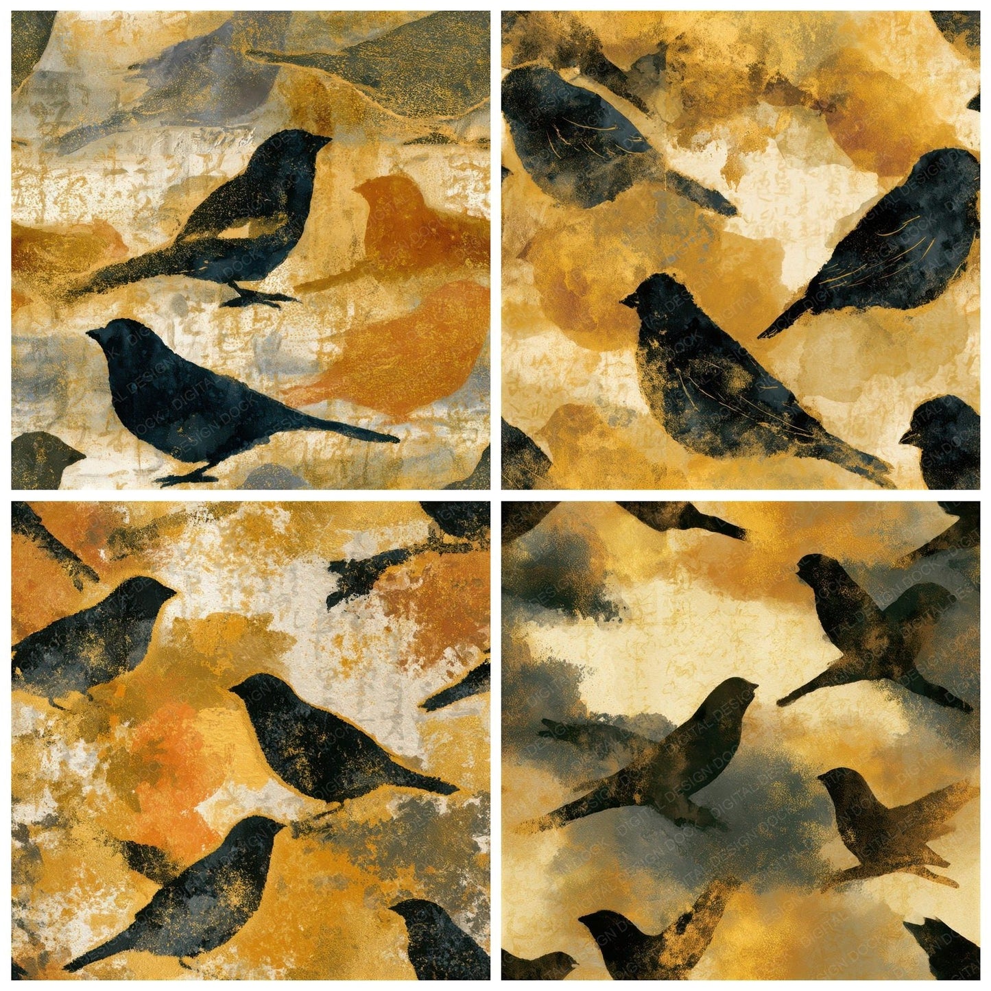 Sumi-e Finch Honey Mustard Seamless Digital Paper Pack (DDD013803)