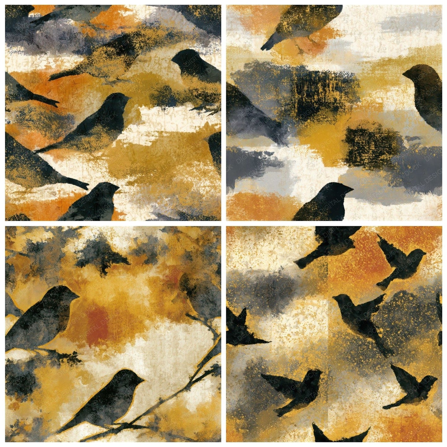 Sumi-e Finch Honey Mustard Seamless Digital Paper Pack (DDD013803)