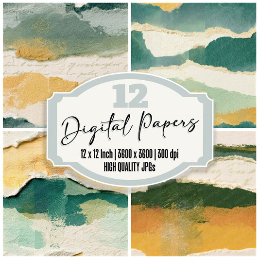 Torn Paper Green Butter Ivory Seamless Digital Paper Pack (DDD013804)