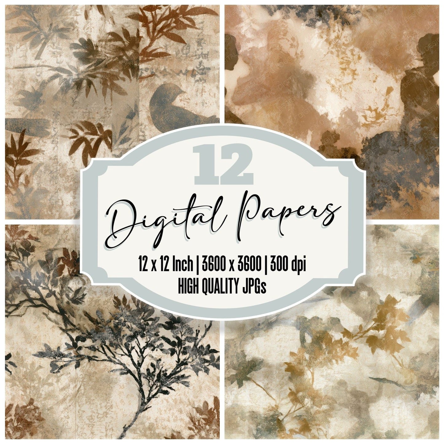 Chinoiserie Pin Up Sepia Seamless Digital Paper Pack (DDD013806)