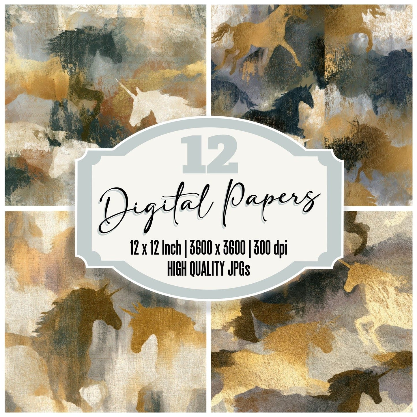Mezzotint Unicorns Bone Taupe Seamless Digital Paper Pack (DDD013815)